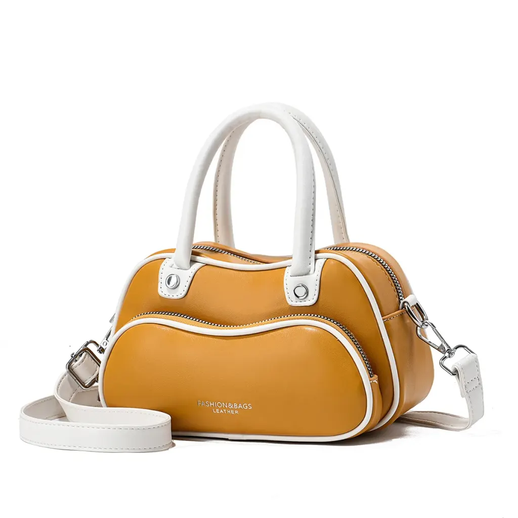 Women’s Color Block Boston Bag In PU Leather With Sewing Thread Detail, Pillow Shape Top Handle For Spring And Summer