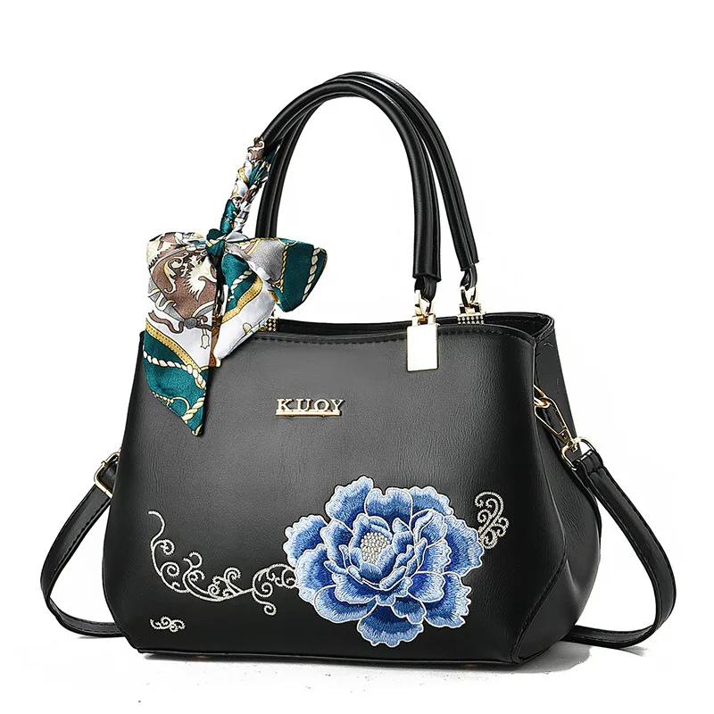 Women’s Square PU Leather Handbag With Embroidered Flowers, Featuring Top Handle For Elegant Style