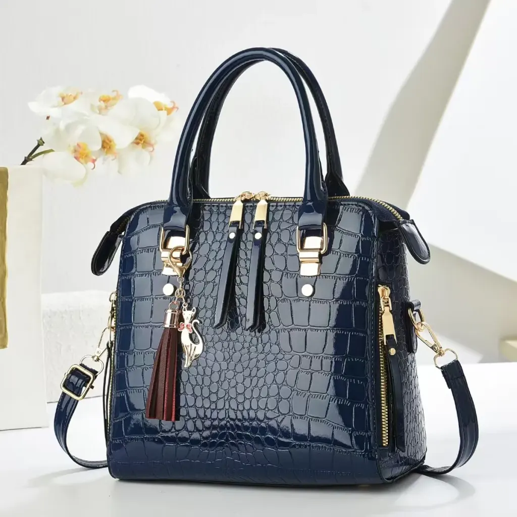Crocodile Pattern Square Shoulder Bag For Women In Patent Leather With Sewing Thread Detail And Single Shoulder Strap