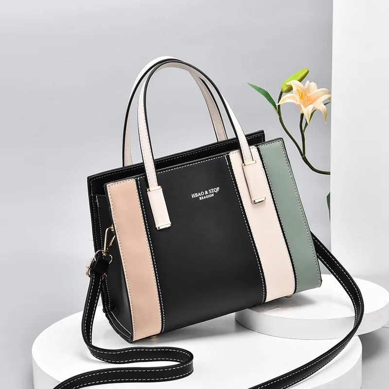 Elegant Large PU Leather Color Block Handbag For Women With Drawstring Buckle Closure