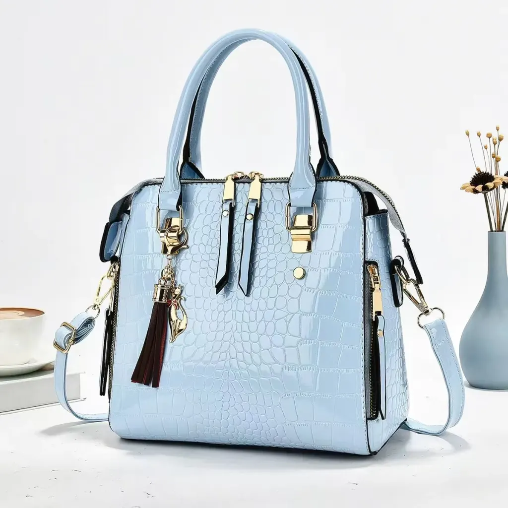 Crocodile Pattern Square Shoulder Bag For Women In Patent Leather With Sewing Thread Detail And Single Shoulder Strap