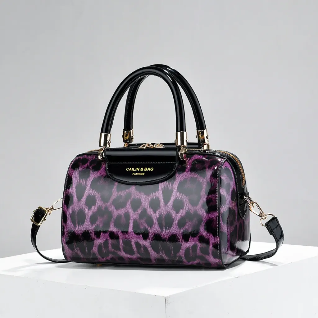 Leopard Print Pillow Shape Bag For Women In PU Leather With Sewing Thread Detail, Featuring Top Handle Design