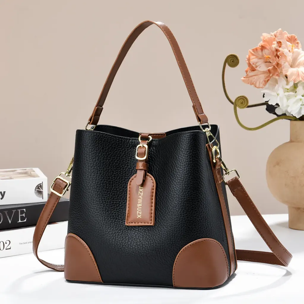 Color Block PU Leather Bucket Bag With Sewing Thread Detail, Featuring Top Handle
