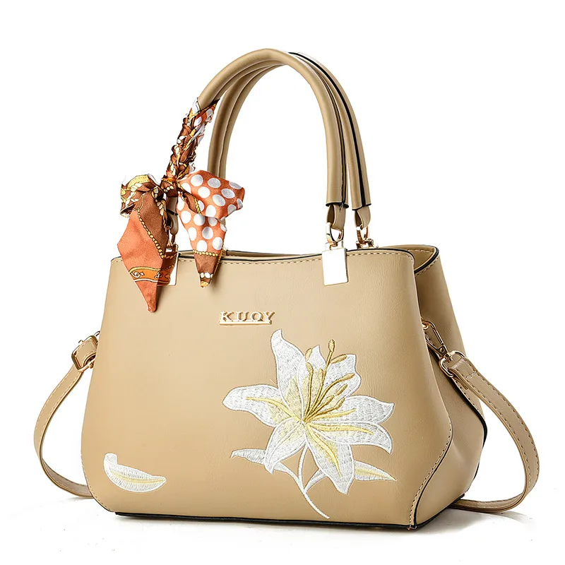 Women’s Square PU Leather Handbag With Embroidered Flowers, Featuring Top Handle For Elegant Style