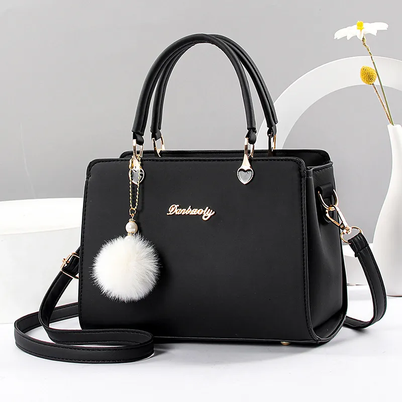 Fashion Large Solid Color Women Top Handle Bag In PU Leather With Fluff Ball And Zipper Closure