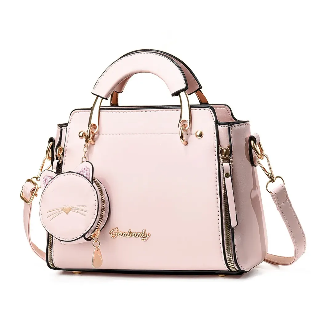 Women’s PU Leather Cat Handbag With Square Shape And Sewing Thread Detail, Featuring Top Handle Design