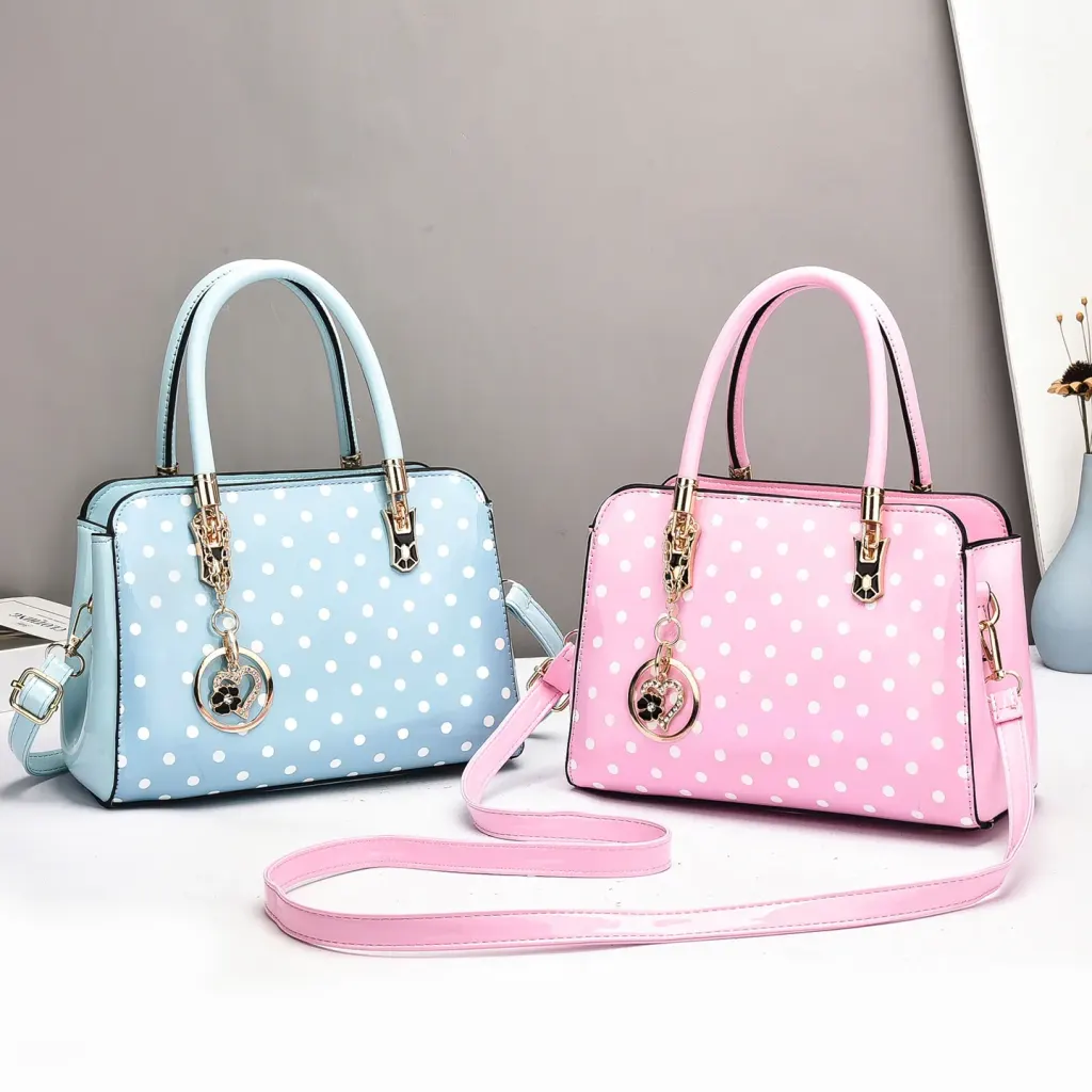 Women’s Patent Leather Boston Bag With Polka Dots And Square Shape Featuring Sewing Thread