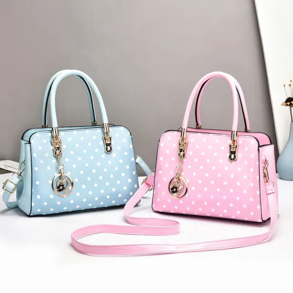 Women’s Patent Leather Boston Bag With Polka Dots And Square Shape Featuring Sewing Thread