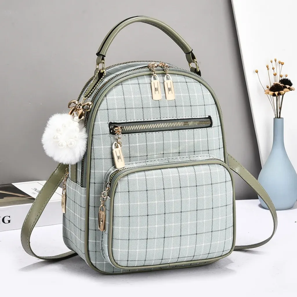 Plaid Women's Backpack With Wear-Resistant Design, Featuring Fluff Ball Detail, Made Of PU