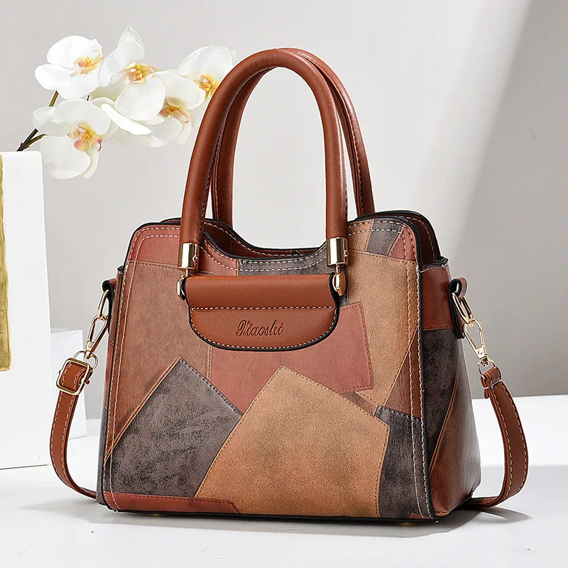 Women’s Square Splicing PU Leather Handbag With Top Handle Main image