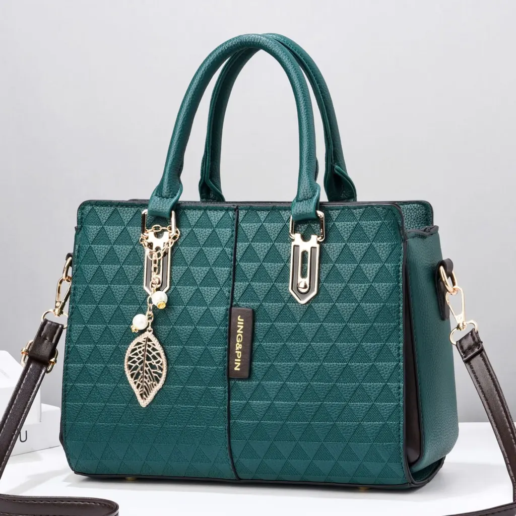 Elegant Large Square PU Tote Bag For Women With Braid Detail And Zipper Closure Featuring Leaves Pattern