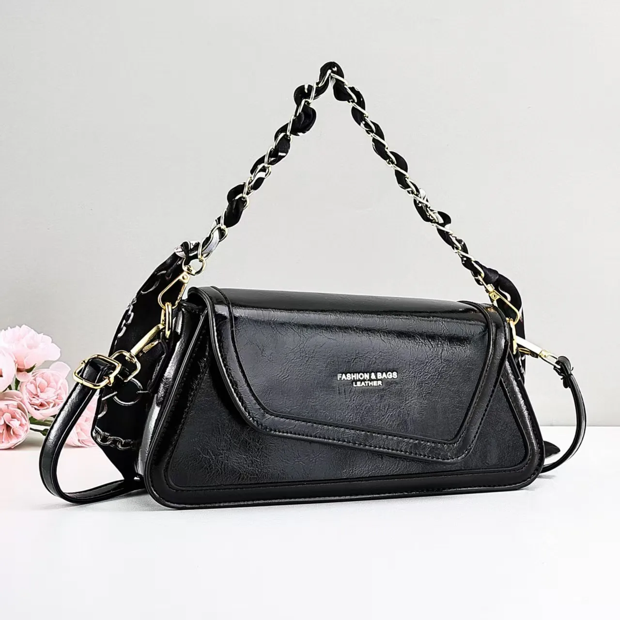 Square PU Leather Shoulder Bag For Women With Sewing Thread Detail, Single Shoulder Strap