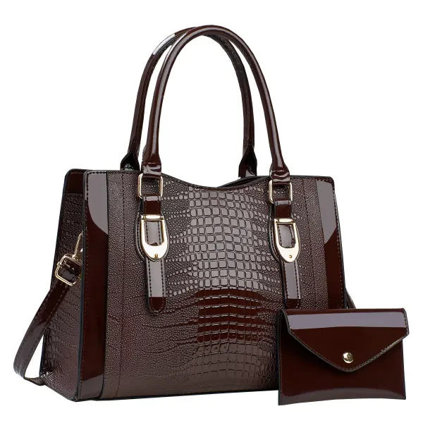 Espresso croc-embossed handbag with gold-tone details and matching pouch