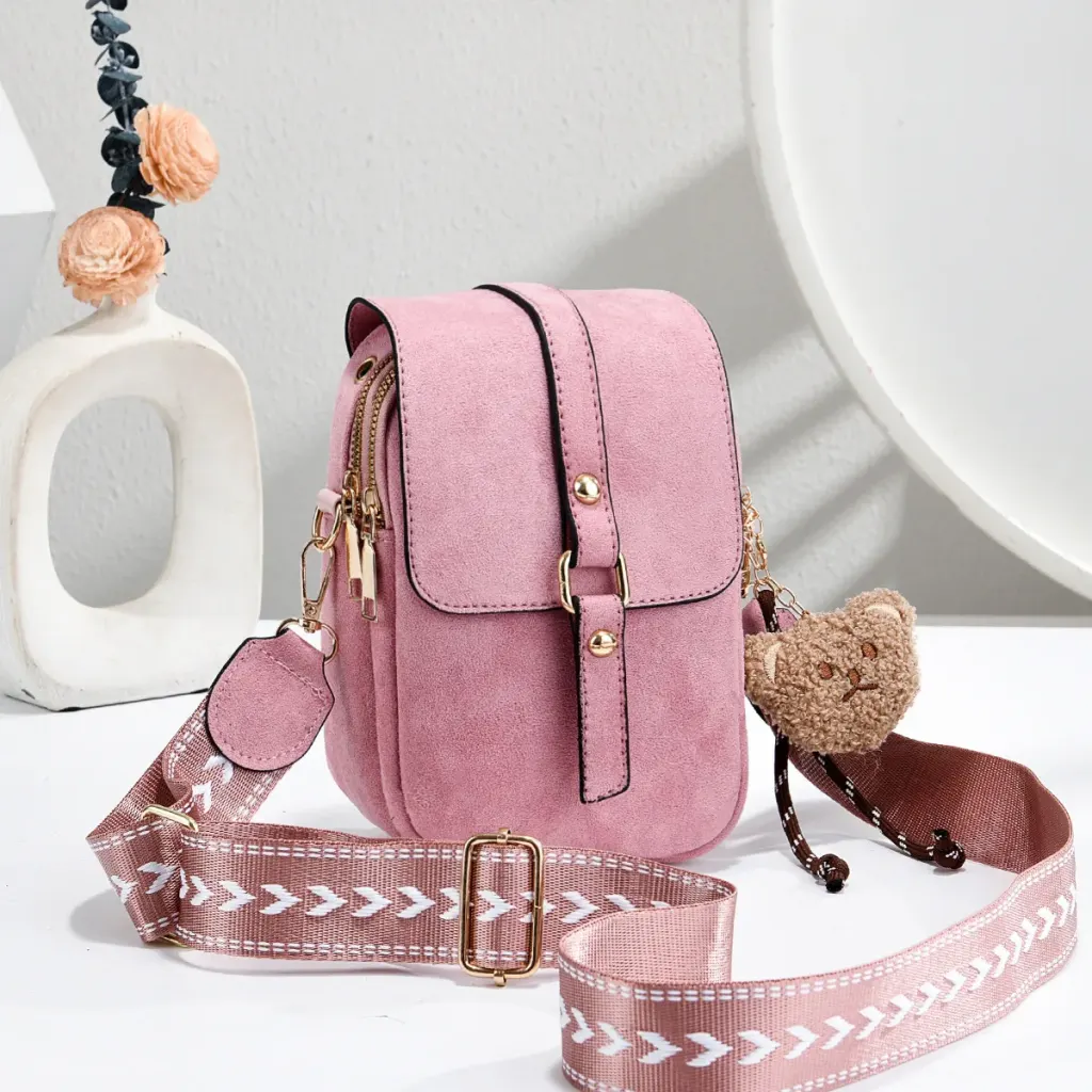 Little Bear Square PU Leather Phone Wallet For Women Featuring Sewing Thread Design
