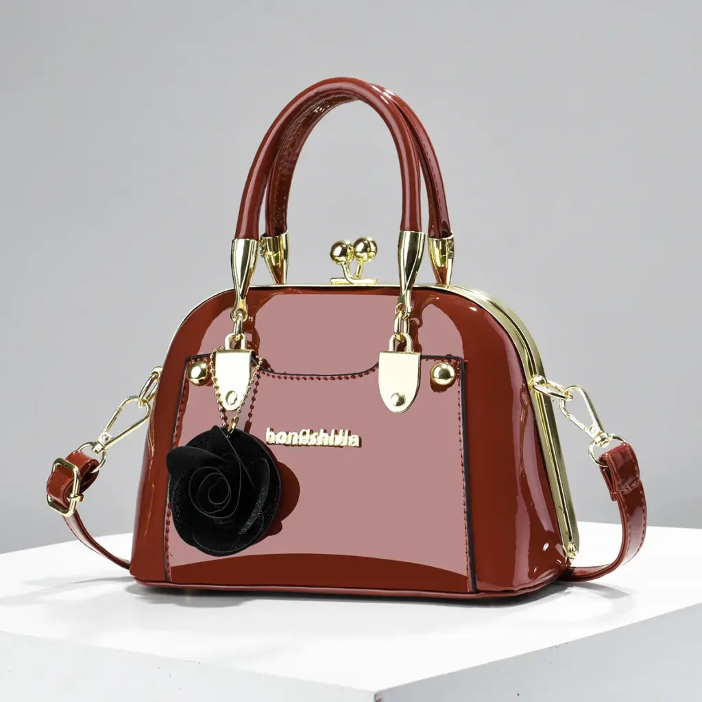 Women’s Dome Bag In Patent Leather With Shell Shape And Sewing Thread Detail, Top Handle, For 2026 Spring And Summer