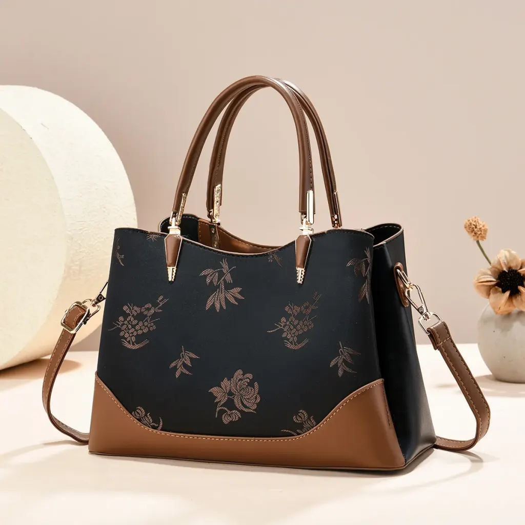 Women’s Color Block Square Tote Bag In PU Leather With Sewing Thread Detail For Spring And Summer