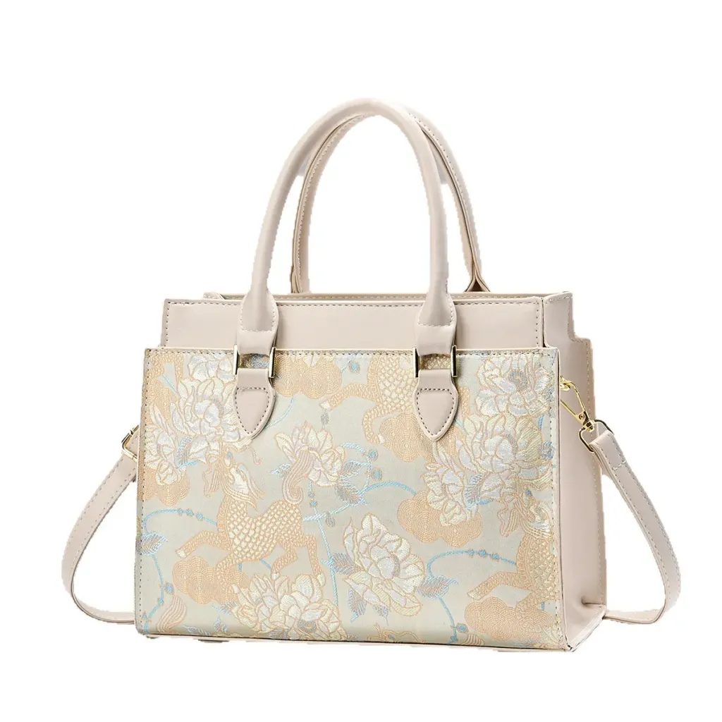 Square PU Leather Handbag For Women With Embroidered Floral Design And Top Handle Style