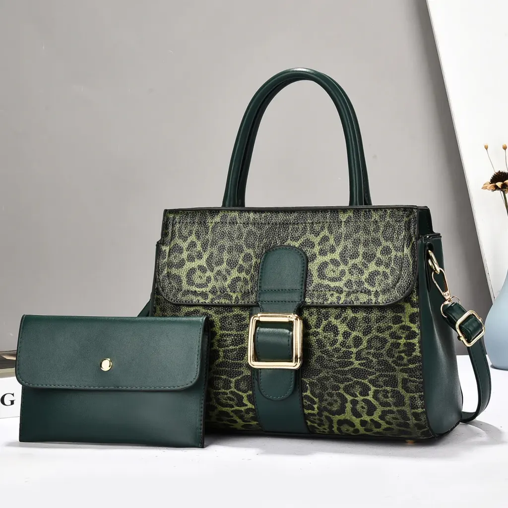 Leopard Print Square PU Leather Bag Set Featuring Sewing Thread Detail With Top Handle