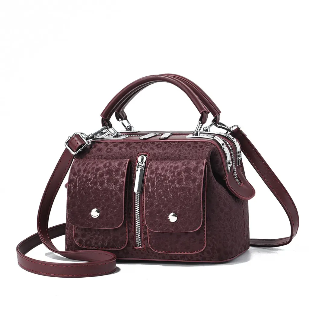 Leopard Print Boston Bag In PU Leather With Sewing Thread Detail, Featuring A Top Handle For Women