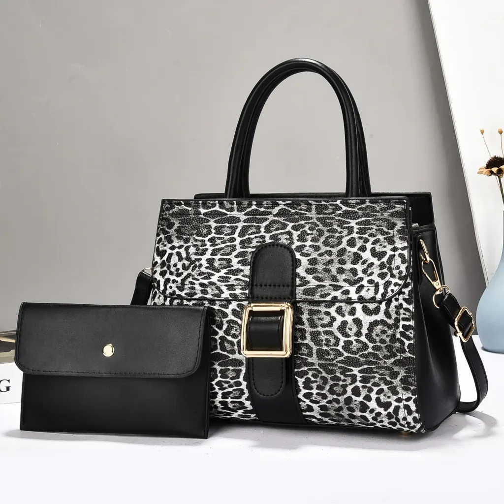 Leopard Print Square PU Leather Bag Set Featuring Sewing Thread Detail With Top Handle