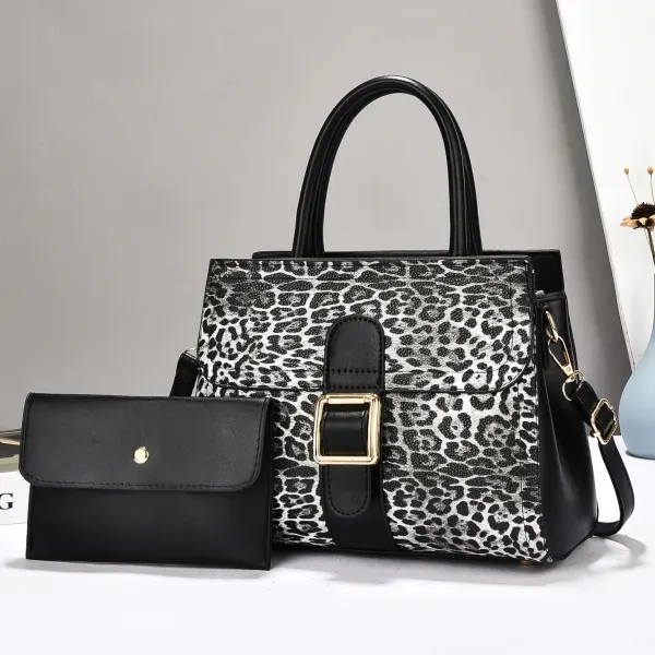 Leopard Print Square PU Leather Bag Set Featuring Sewing Thread Detail With Top Handle