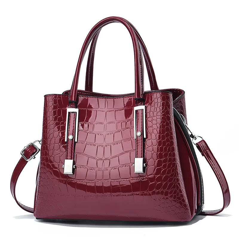 Women’s Pu Leather Top Handle Bag In Stone Pattern With Sewing Thread Detail And Zipper Closure