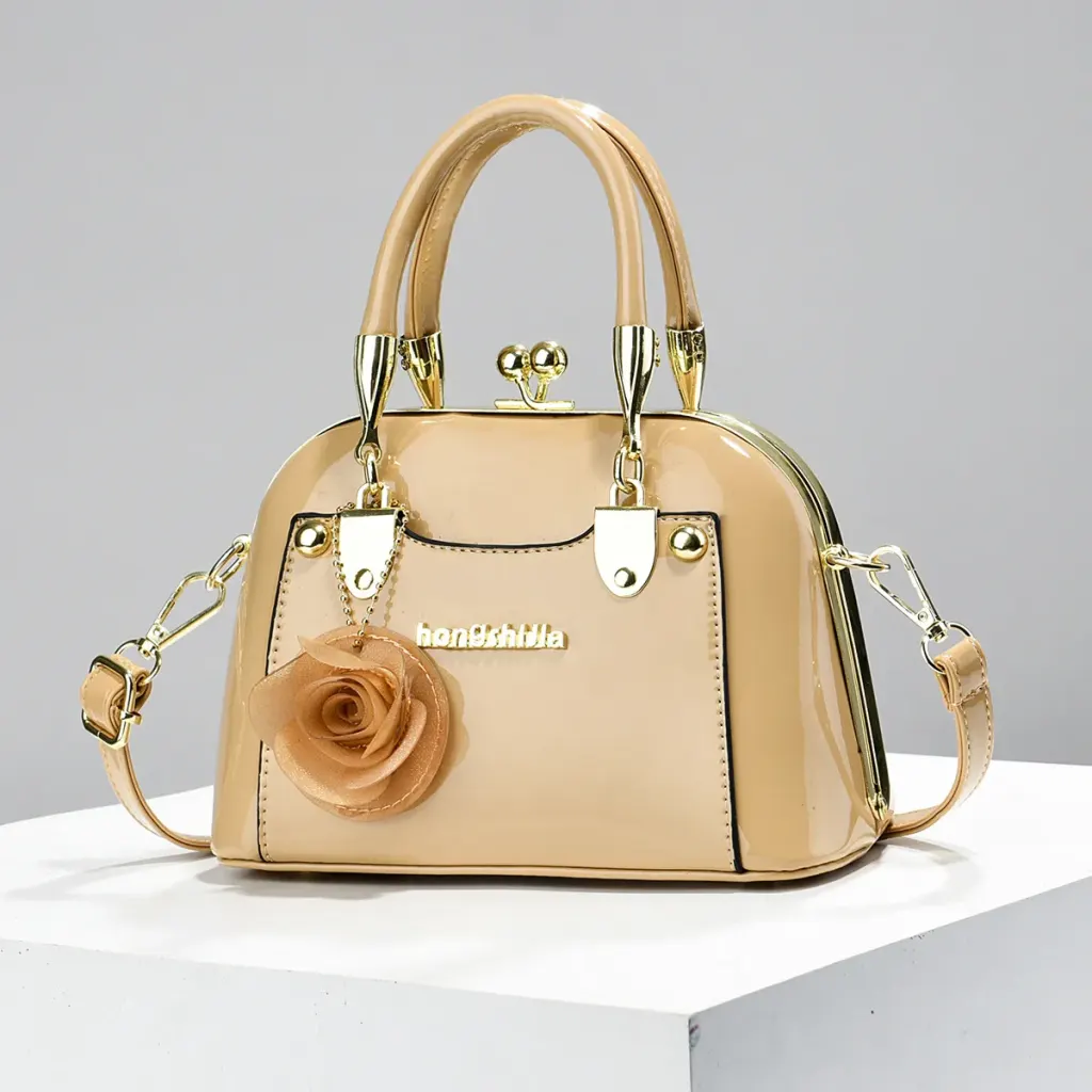 Women’s Dome Bag In Patent Leather With Shell Shape And Sewing Thread Detail, Top Handle, For 2026 Spring And Summer