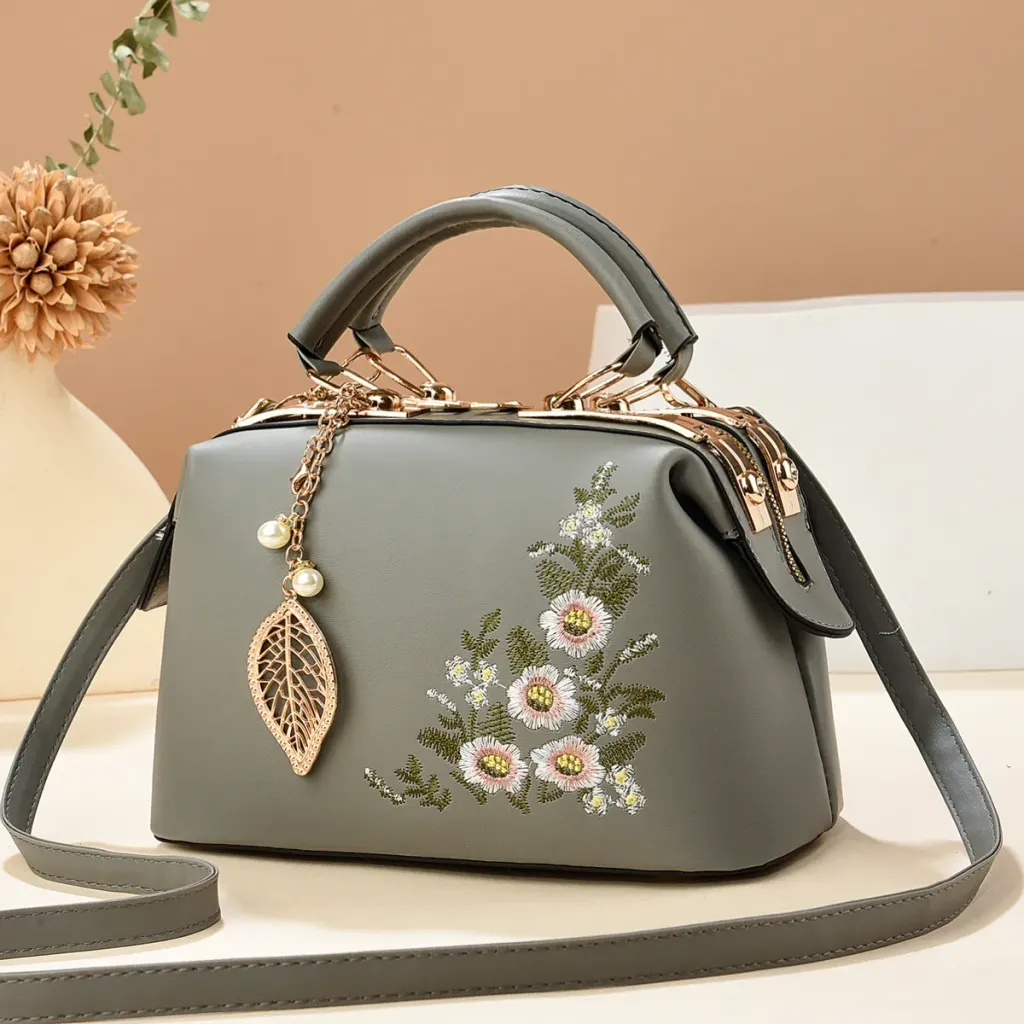 Medium Square PU Leather Bag With Embroidery And Zipper Closure, Stylish Vintage European And American Design