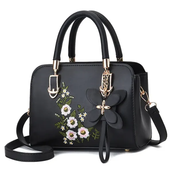 Classic Style Small PU Leather Flowers Tote Bag For Women With Zipper Closure