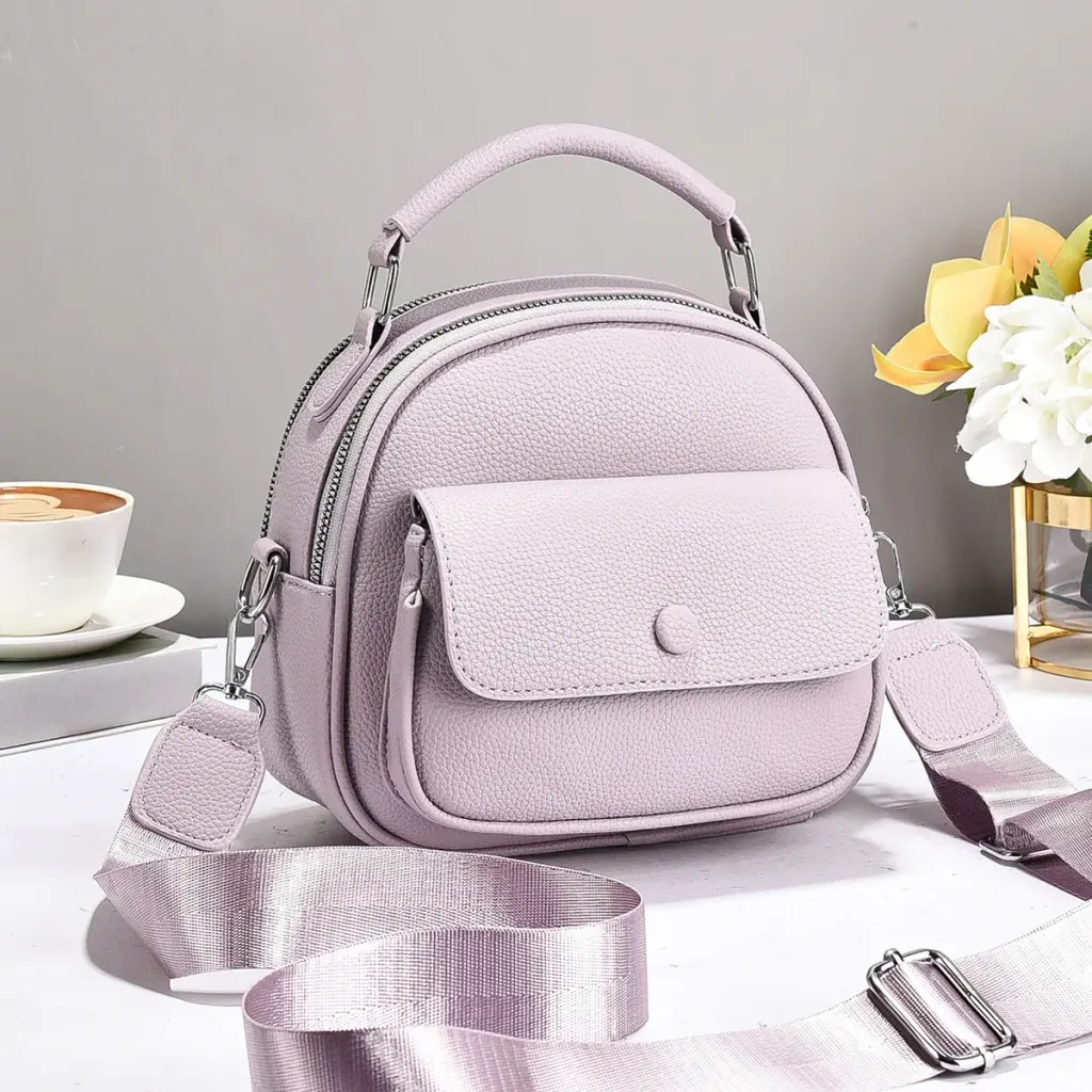Round PU Leather Handbag For Women Featuring Sewing Thread Design With Top Handle