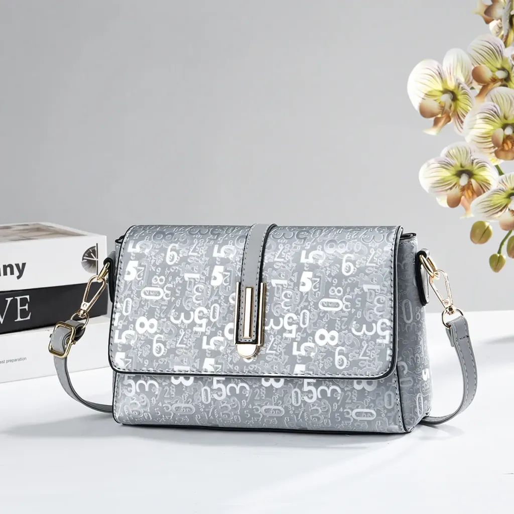 Square PU Leather Number Pattern Bag With Sewing Thread Detail, Single Shoulder Strap
