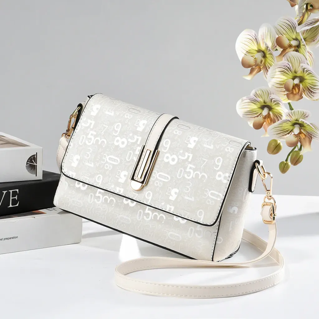 Square PU Leather Number Pattern Bag With Sewing Thread Detail, Single Shoulder Strap