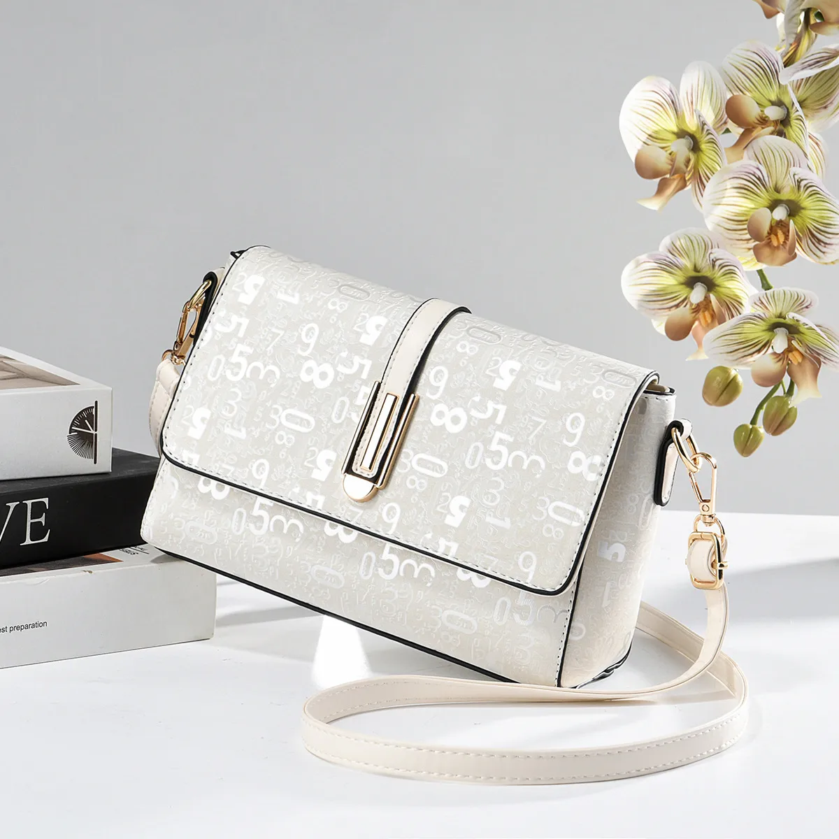 Square PU Leather Number Pattern Bag With Sewing Thread Detail, Single Shoulder Strap Main image