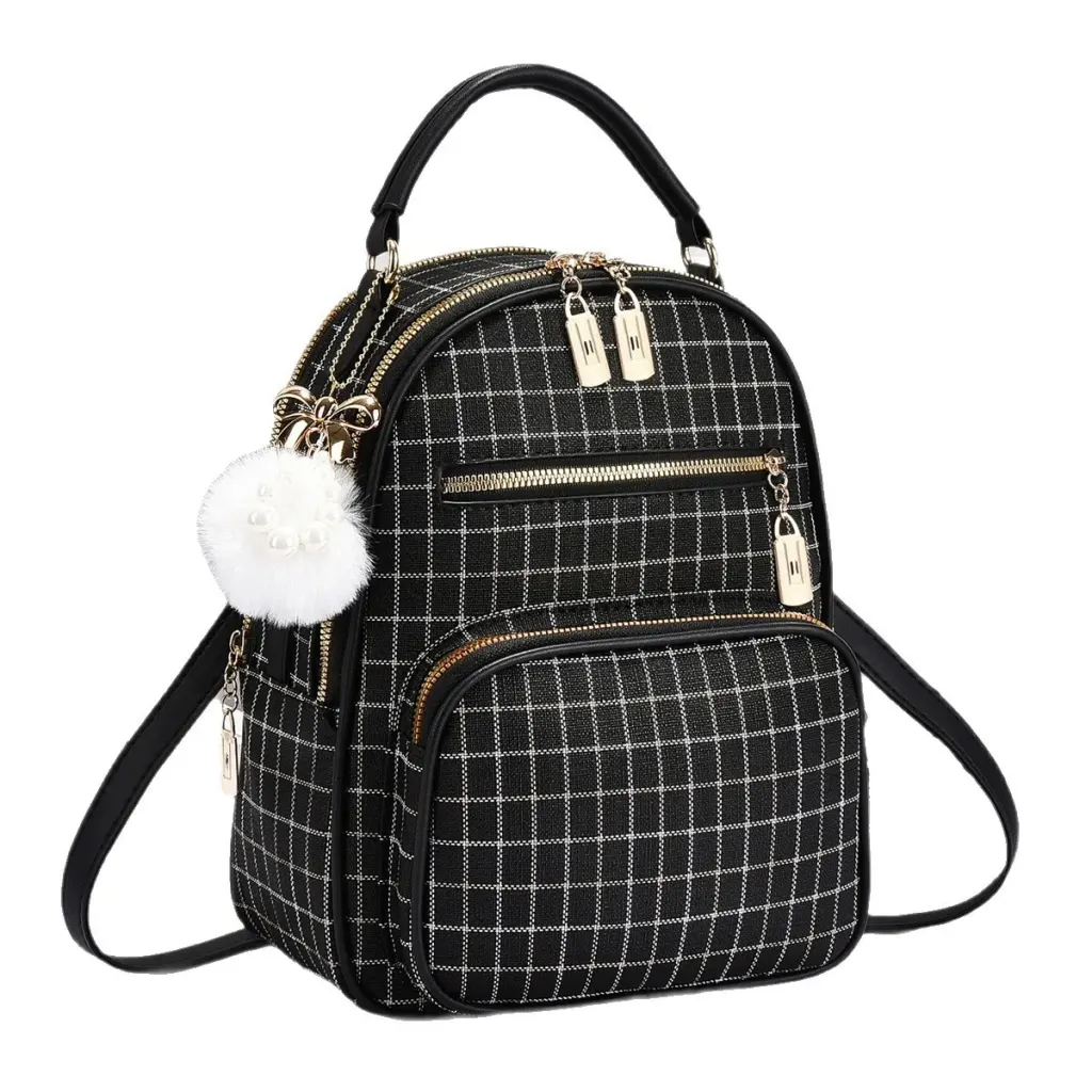 Plaid Women's Backpack With Wear-Resistant Design, Featuring Fluff Ball Detail, Made Of PU