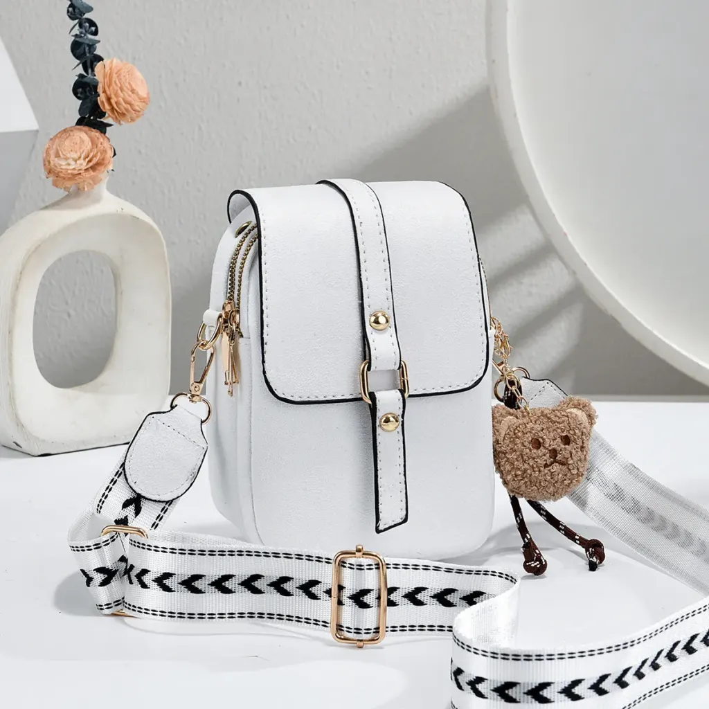 Little Bear Square PU Leather Phone Wallet For Women Featuring Sewing Thread Design