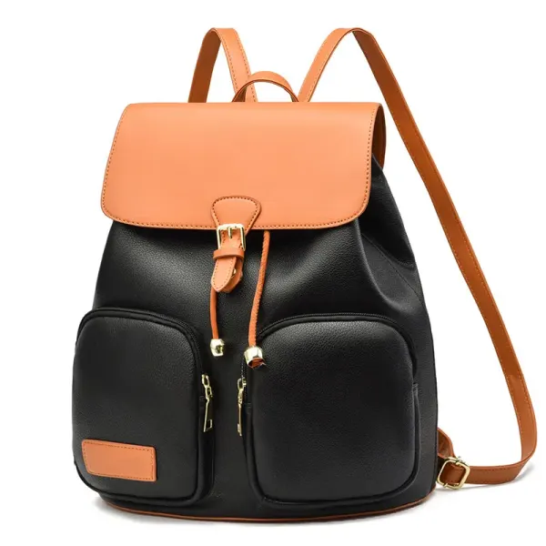 Color Block School Backpack For Women In PU Material With Stylish Sewing Thread Detail