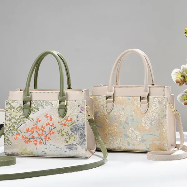 Square PU Leather Handbag For Women With Embroidered Floral Design And Top Handle Style