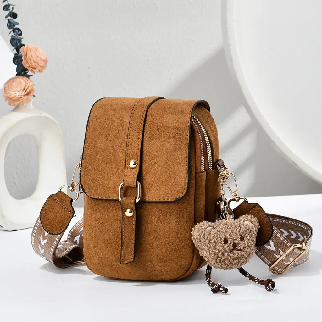 Little Bear Square PU Leather Phone Wallet For Women Featuring Sewing Thread Design