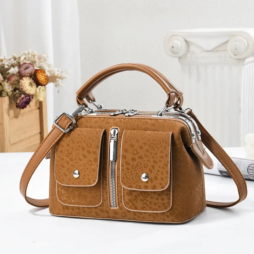 Leopard Print Boston Bag In PU Leather With Sewing Thread Detail, Featuring A Top Handle For Women