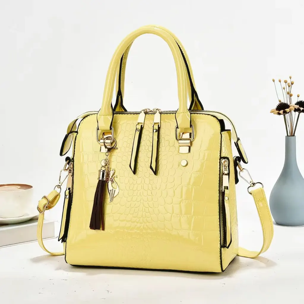 Crocodile Pattern Square Shoulder Bag For Women In Patent Leather With Sewing Thread Detail And Single Shoulder Strap