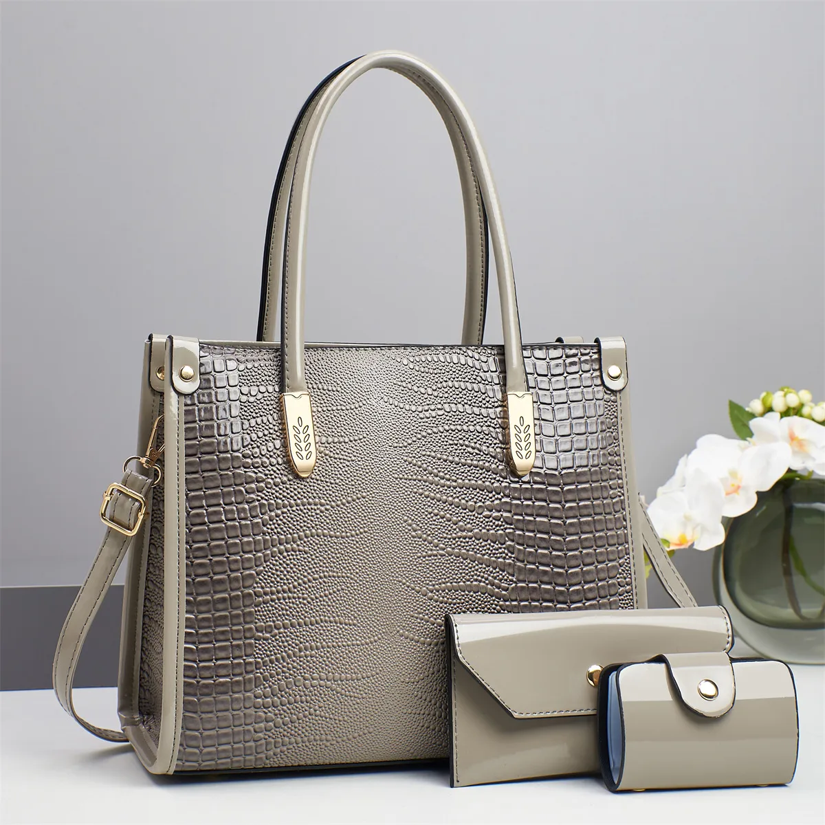 Medium Square PU Bag Set With Crocodile Fashion Element And Zipper Closure, Featuring Polyester Lining For Women Main image
