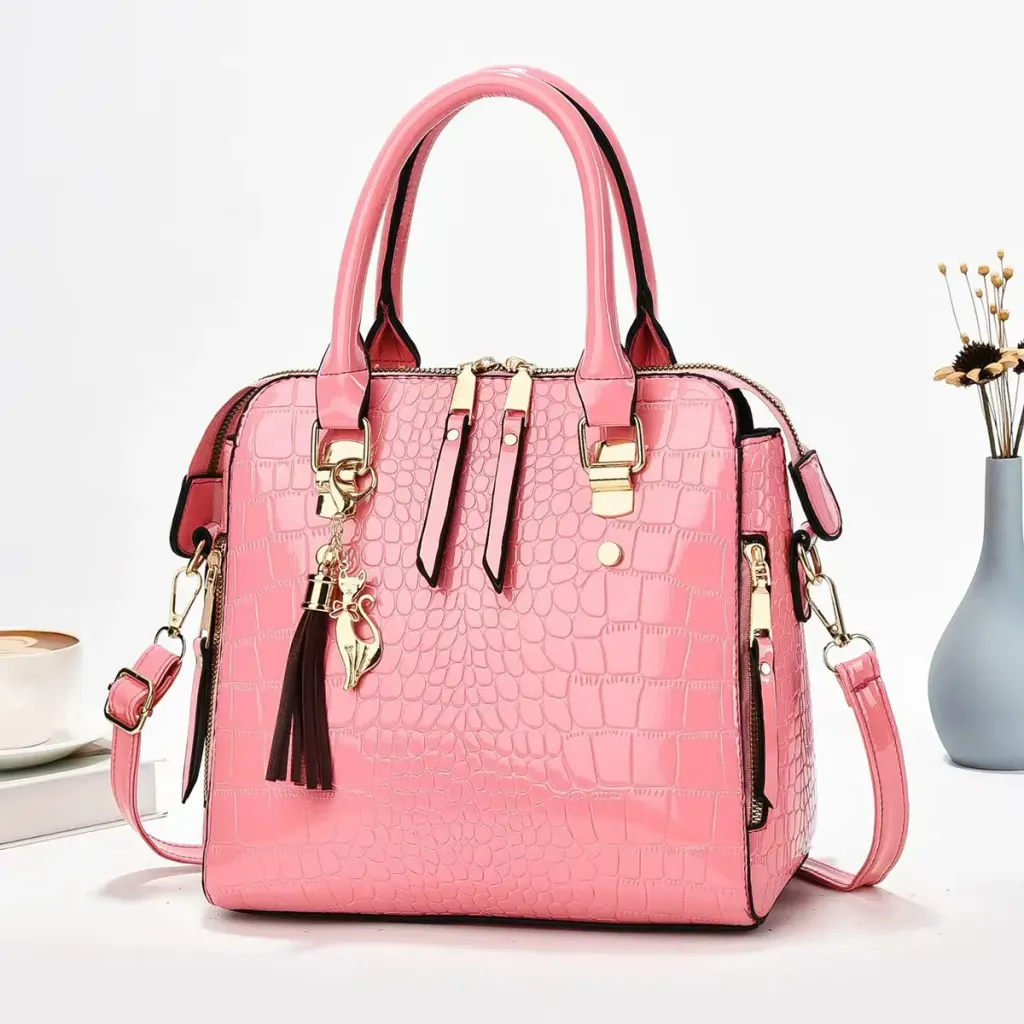 Crocodile Pattern Square Shoulder Bag For Women In Patent Leather With Sewing Thread Detail And Single Shoulder Strap
