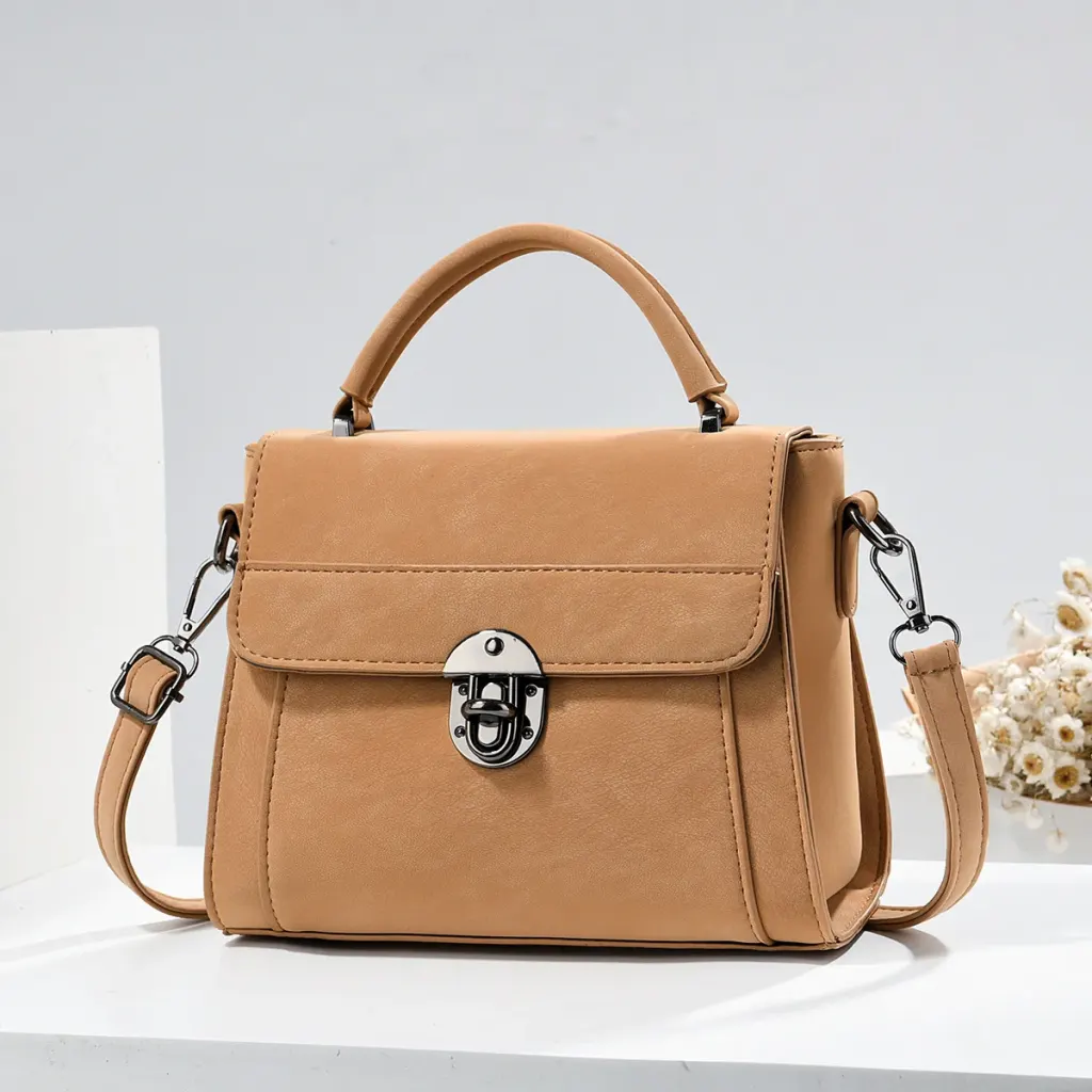 Square PU Leather Handbag With Sewing Thread Detail, Top Handle