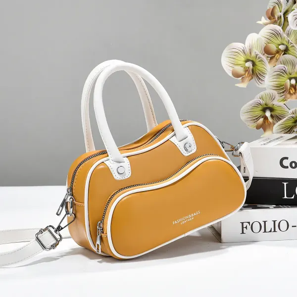 Women’s Color Block Boston Bag In PU Leather With Sewing Thread Detail, Pillow Shape Top Handle For Spring And Summer