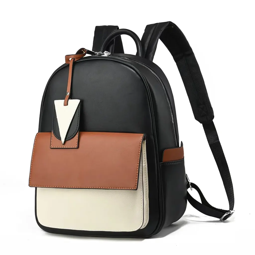 Color Block Fashion Backpack For Daily Use In PU Leather With Zipper Closure, Streetwear Style For Women