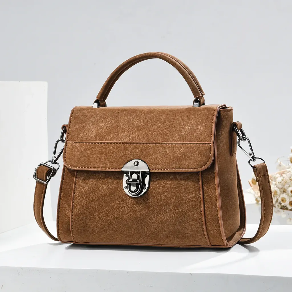 Square PU Leather Handbag With Sewing Thread Detail, Top Handle
