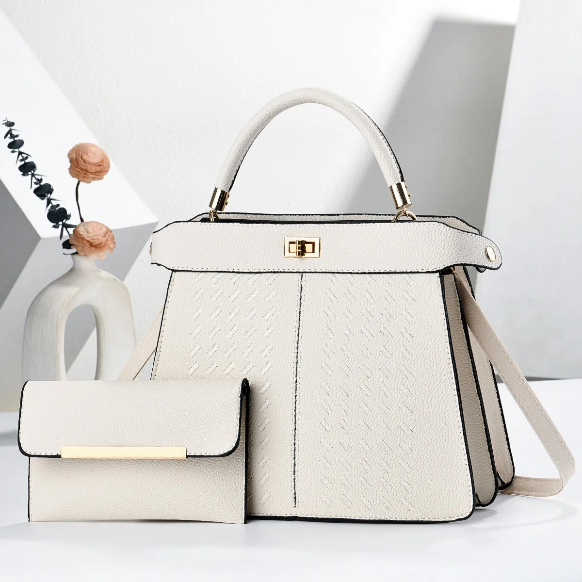 Square PU Leather Handbag For Women With Sewing Thread Detail, Top Handle Style