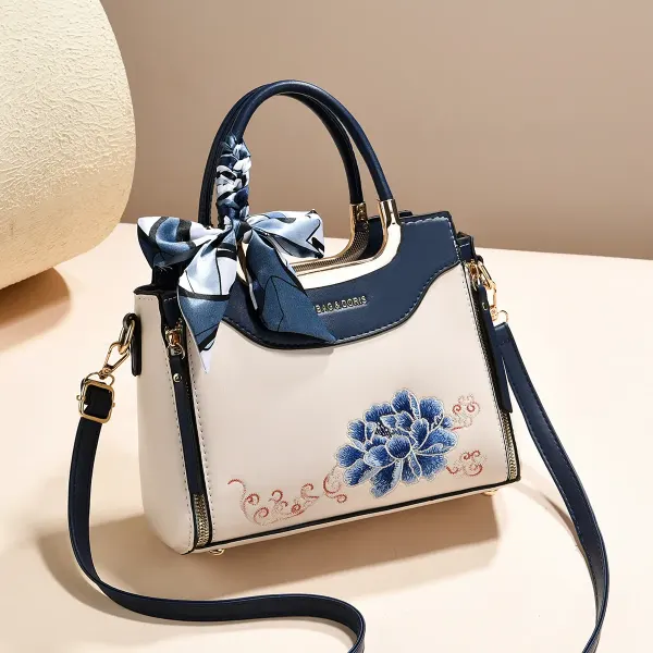 Color Block Square Tote Bag In PU Leather With Embroidery, Featuring Top Handle Design For Women