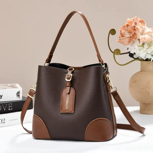 Color Block PU Leather Bucket Bag With Sewing Thread Detail, Featuring Top Handle