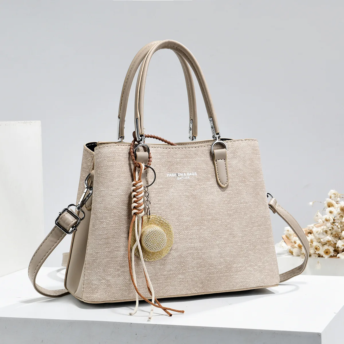 Splicing Square PU Leather Tote Bag For Women With Sewing Thread Design, Top Handle And Large Capacity